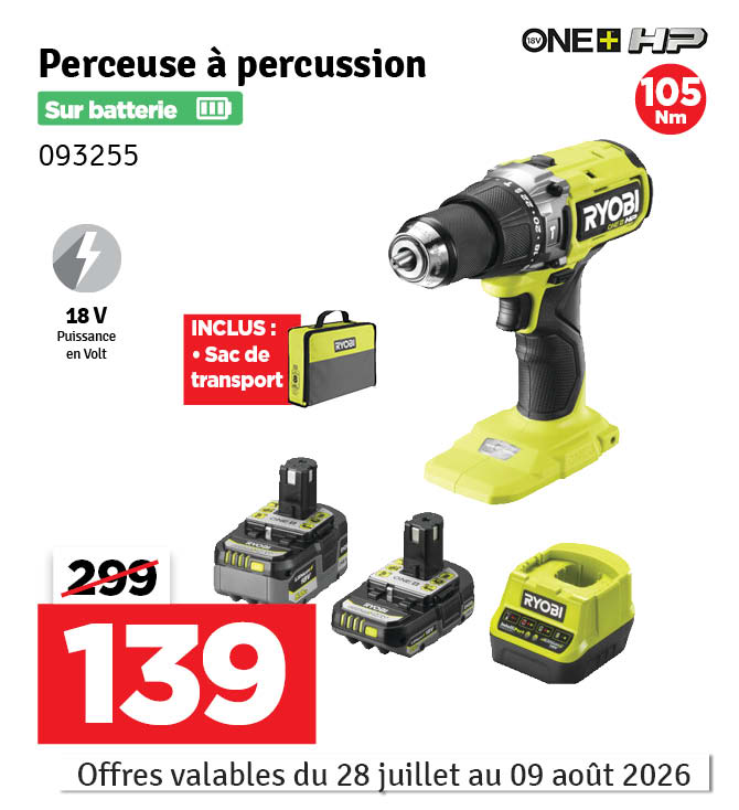 Perceuse visseuse à percussion sur batterie One+ RPD18X1-2C52S 5 Ah et 2 Ah 18 V RYOBI